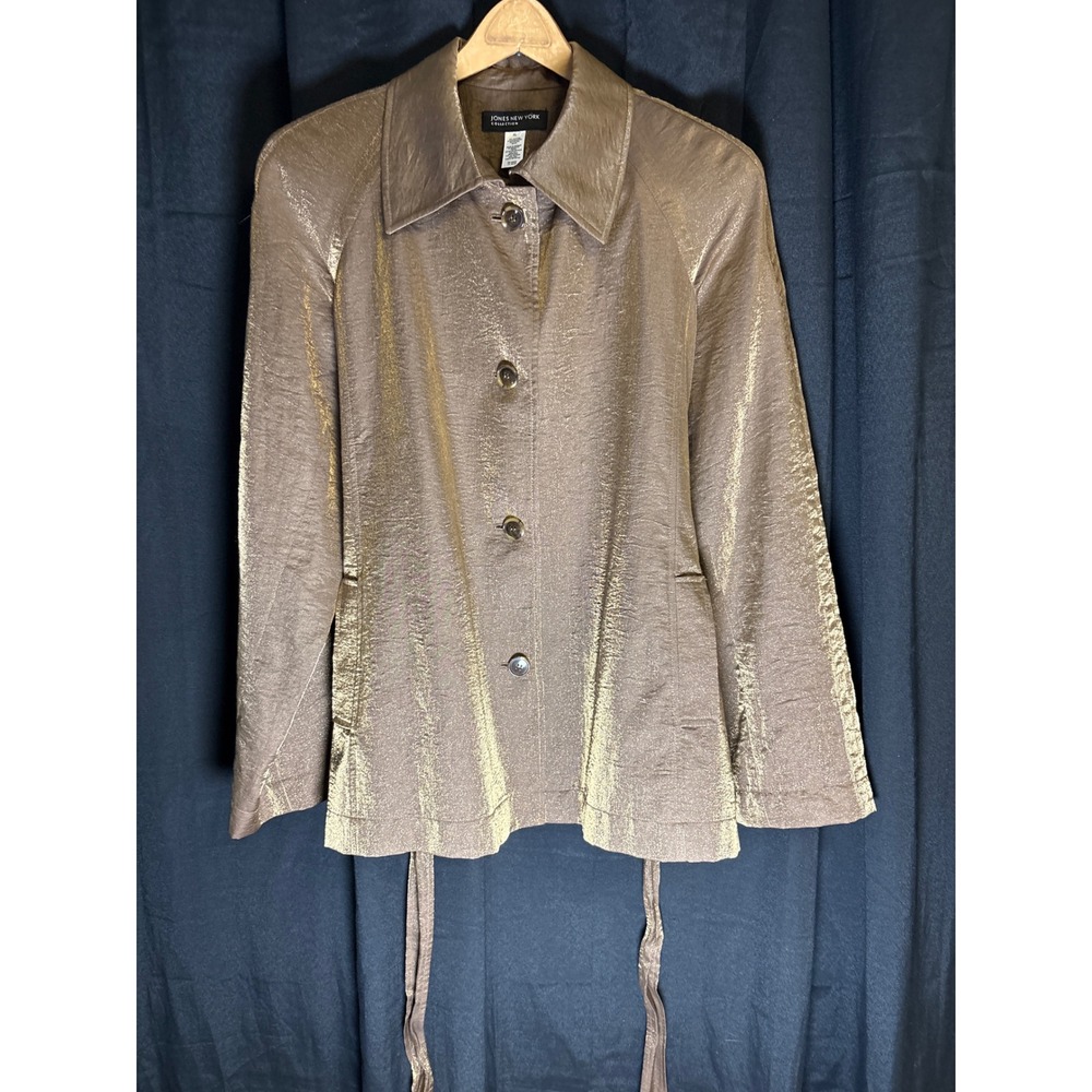 Jones New York Collection Metallic Bronze Belted Jacket XL Long Sleeve Button Up